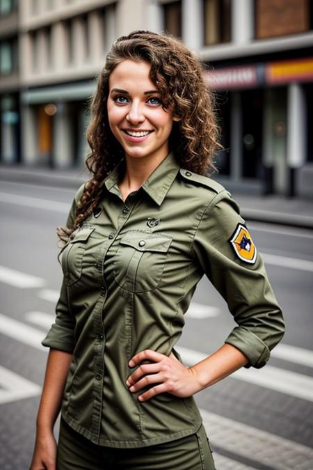photo of a beautiful German army girl wearing a uniform, city street, messy medium hair, slim body, medium upper body shot, looking at the camera, cute smile, professional photography , high resolution