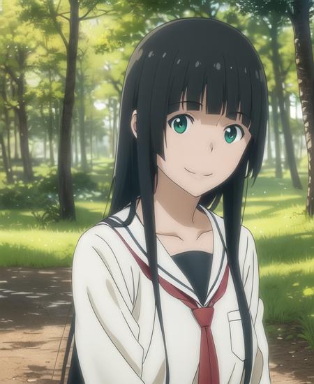 kowata makoto,
1girl, solo, green eyes, black hair, long hair,(smile),(school uniform), tree, nature, forest, collarbone, smile, bangs, outdoors, looking to the side, blunt bangs, anime coloring,