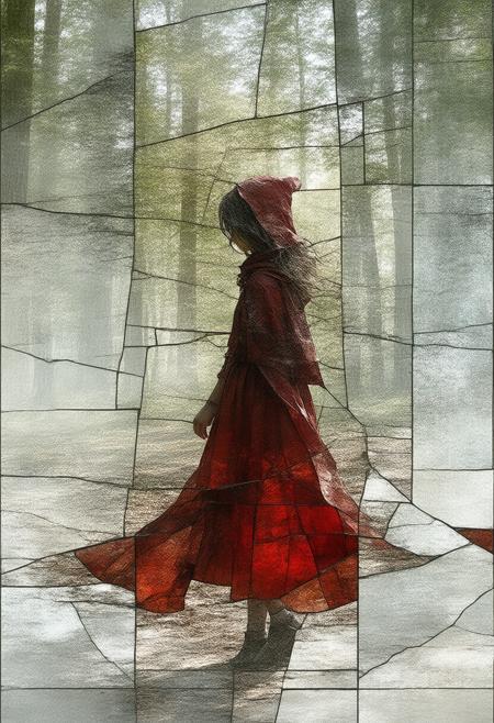 A haunting and surreal depiction of Little Red Riding Hood, rendered in a fractured, stained-glass Cubist style. The scene shatters into geometric shards, presenting multiple perspectives of the girl, the dense forest, and a subtle, unsettling suggestion of the wolf's presence. The palette utilizes deep reds, greens, and blacks, punctuated by bold white lines and a soft, inner luminescence emanating from the girl's cloak and the forestâs depths. Photorealistic details of the cloakâs texture, the forestâs foliage, and a hint of the girlâs apprehensive expression harmonize with the abstract fragmentation, creating a captivating and slightly unsettling fairytale reimagining. Ultra detailed, 8k resolution, volumetric lighting, octane render, emphasizing the interplay of light and shadow and the symbolic use of color to evoke a sense of both innocence and foreboding.