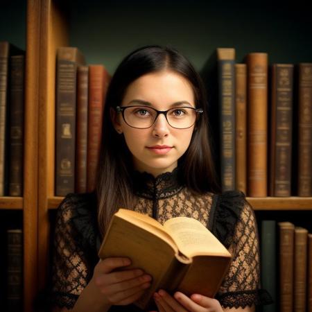 A beautiful young woman with dark brown, tousled hair, wearing round glasses, stands in a dimly lit, antique library. She is dressed in an elegant vintage Victorian blouse with delicate lace details and puffed sleeves, paired with a corset adorned with golden buttons and chains. Holding an old, worn book, she gazes intently with a mysterious and intellectual expression. The warm, golden light filters through the dusty air, casting a soft glow on the wooden bookshelves filled with ancient tomes. The atmosphere is rich, cinematic, and evokes a sense of mystery and timeless elegance.
