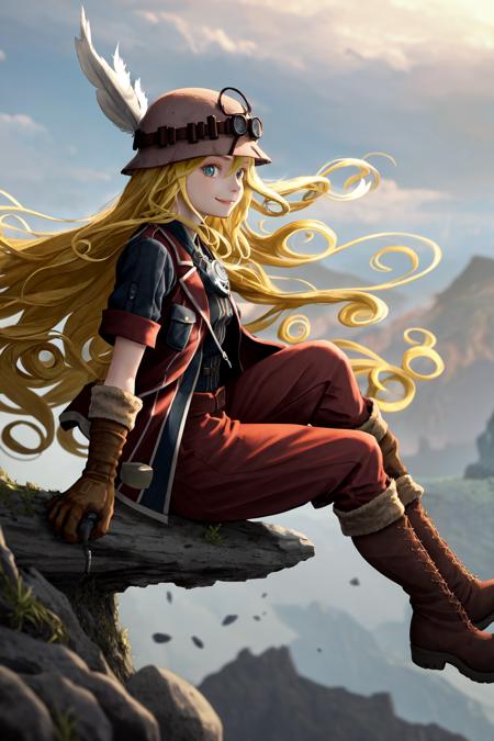 masterpiece, best quality, highres, 1girl very long hair blonde hair curly hair, red jacket helmet whistle short sleeves brown gloves red pants hat feather boots <lora:lyza:1> sitting, floating hair, from side, looking at viewer, cliff, smile