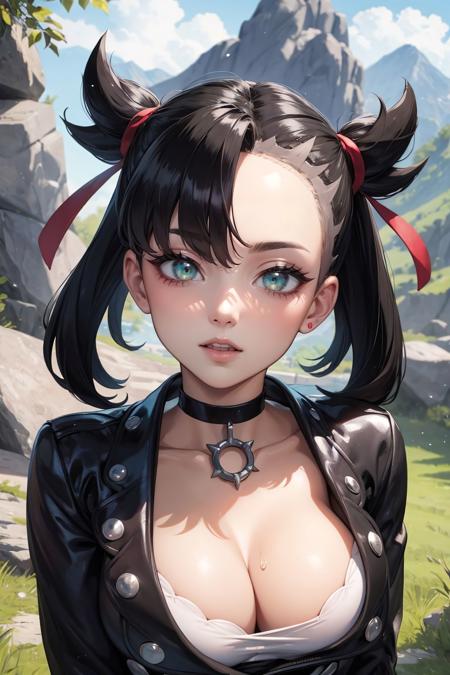 marnie_pokemon, choker, red ribbon, black choker, dress, jacket, black jacket