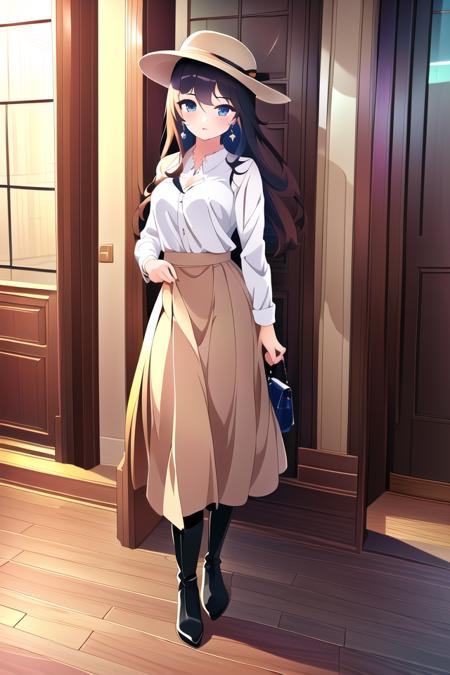 hat, skirt, bag, earrings, black footwear, handbag, full body, jewelry, boots, long skirt, looking at viewer, standing, shirt, long sleeves, fashion, brown skirt,
(((master piece))), (((1girl))), (beautiful illustration), ((best quality)), ((cute anime face)), (highres beautiful detailed), 
 <lora:Mistral_LoCon:1>