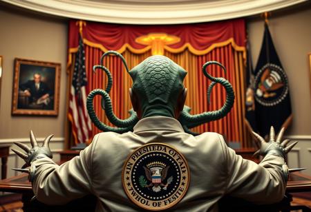cthulu for president, oval office, mushroom cloud, real photograph, inspector gadget style, photorealistic, correct hands, correct fingers, presidential seal, vote button, campaign photo, election, elegant scene, facing away, sitting, metal arm, spikes