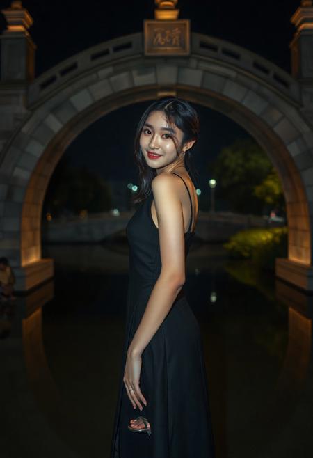 DSLR-style, slender, elegant 26-year-old Korean model, translucent pale skin with natural texture, soft shadow on cheek, diffused daylight from side, parted lips, masterpiece, ultra high-res  
<lora:NOOB_vp1_detailer_by_volnovik_v1:1>
barely visible pores, subtle skin texture variation, translucent skin tone, full body. 
"A full shot of a slender person with dongtan dress, dark hair, smiling and looking directly at the viewer. They are wearing a black, dongtan dress. The person is also wearing metallic silver platform sandals with clear straps. They are standing a stone arched bridge at night, illuminated by warm lights that highlight its architectural details. The bridge spans a calm body of water, where its semi-circular form is reflected perfectly, creating the illusion of a full circle or moon shape. The surrounding environment is dark, with hints of greenery and other architectural elements visible in the background, suggesting an urban or park setting at night."