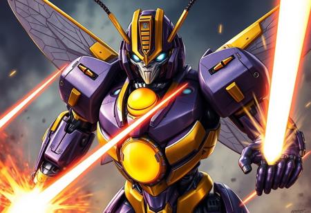 transformers generation 1, woman robot made of insect parts, scorn, with gorgeous detailed eyes in the style of precisionism, gaston bussiere, a picture, purple and gold, yellow orb in chest, insect eyes, wide focus, action pose, lasers, explosions, decepticon