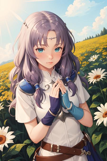 masterpiece, best quality, florina, circlet, armor, white dress, fingerless gloves, belt, avoiding eye contact, nervous, blushing, index fingers together, upper body, flower patch, sky, from above  <lora:florina-nvwls-v1-000012:0.9>