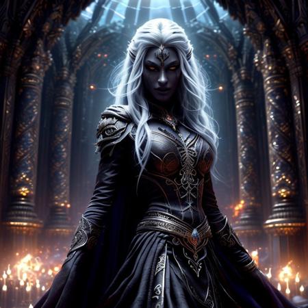 drow, ((masterful portrait)) of drow, dark elf, fantasy, robes, ornaments, noble, detailed, female, white hair, intricate jewellry, beautiful, red eyes, pretty, casting a spell, charismatic, with expressive expression, in dynamic pose, showing emotional emotion, with unique trait, ((perfect character design)), ((highly detailed)), in ((detailed dramatic setting)) during dramatic lighting, with atmospheric conditions, ((perfect environment design)), ((masterful Dreamworks animation)), ((perfect dramatic lighting)), ((beautiful vibrant colors)), ((professional quality)), ((perfect composition)), ((dramatic visual effect)), ((adventurous feel)), ((cinematic quality)), ((perfect rendering))