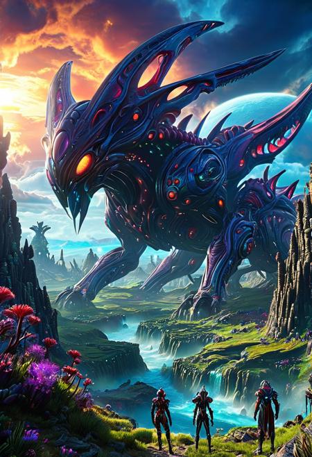 DonMX3n0XL, 
Xenoblade Chronicles style:
masterpiece, 8K cinematic, expansive landscape, **high-fidelity 3D game graphics, vibrant color palette, detailed creature models, painterly skyboxes**, **colossal organic-mechanical creature, alien ecosystem, ancient ruins, vast panoramas**, sunlight piercing clouds, epic scale composition, layered visuals, very aesthetic.