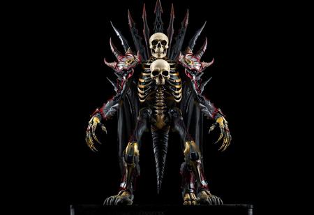 "A hyperdetailed cinematic concept art of a grimdark monster humanoid standing tall against a Nightmare Throne black background. The figure is composed of a skeletal structure, adorned with intricately designed red and gold armor covering its torso and arms, featuring a prominent skull on the chest. The monster’s arms are outstretched, legs slightly spread, and head turned to the left, gazing into the distance, exuding readiness and eerie dominance. Rendered in Unreal Engine 5, with 8K resolution, lifelike details, sharp lines, and stunning, harmonious colors. The composition is impeccable, with captivating lighting, balanced editing, and a creative angle, trending on ArtStation, CGSociety, and Pixiv. Inspired by the styles of Raphael, Houdini, and Grammer Effect, with vivid emotions and a powerful message. The monster humanoid’s design showcases handcrafted precision and a sense of otherworldly menace, making it the undeniable focal point of the image. Cinematic composition, featured on ArtStationHQ and Pixiv, evoking a high-stakes, dark fantasy atmosphere."
