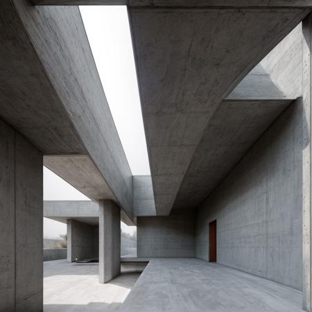 best quality, house, Tadao Ando architecture, soviet architecture, megastructures, photorealistic, retro, (soviet), low saturation, dirt, futuristic, concrete and shiny metal, details, texture, symmetric, dynamic light, film grain, <lora: soviet architecture:0.7>, desert, mist, fog, people,