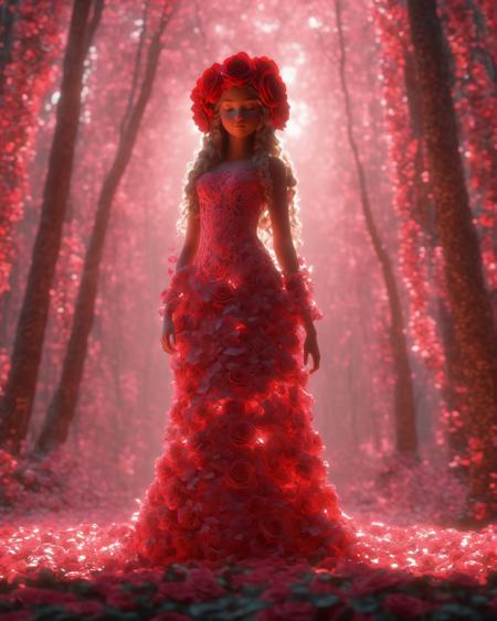 stunnung 3D model of Young teenage girl with intricately detailed, full body, rose flower dress, decorative headdress cinematic, in woods, cinematic lighting, octane render