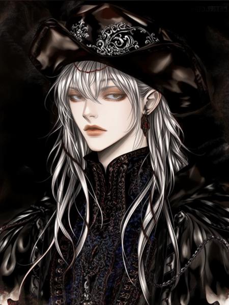 By Ayami Kojima. A digital painting of a pale-skinned male with long, flowing silver hair, adorned in intricately detailed dark attire. He wears a wide-brimmed black hat embellished with ornate silver designs. The character exudes a melancholic aura, enhancing the elegant, gothic fantasy theme. The background is a dark monochrome shade ensuring focus remains on the detailed clothing and face. 