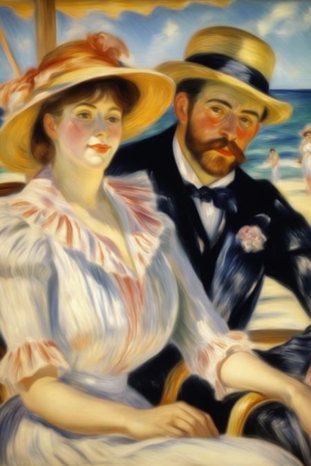 <lora:Mary Cassatt Style:1>Mary Cassatt Style - Pierre-August Renoir style a woman and a man sitting in a deckchair at miami beach bright sunshine, closeup high resolution hyperdetailed 8k