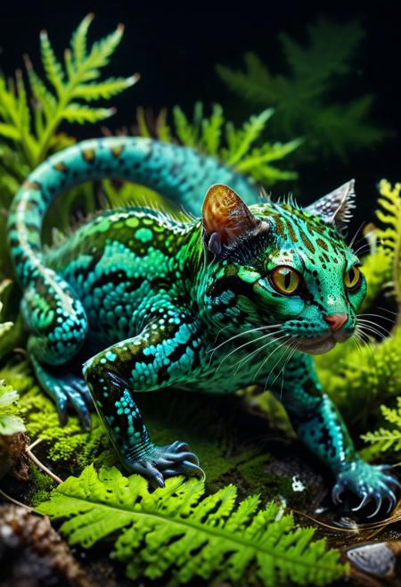 This intriguing hybrid creature combines elements of both cat and salamander, resulting in a unique animal with a distinctive green coloration. The deep shadows and extreme lighting create a striking contrast, highlighting the animal's intricate features and textures. The captivating image showcases the fusion of two distinct species, resulting in a mesmerizing and memorable visual experience.