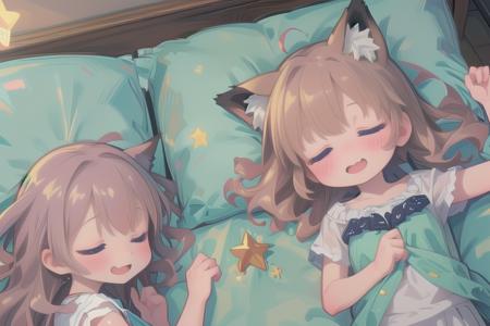 (6+girls:1.2), <lora:SleePeace2:1.0>, (sleepeace:1.1), fox ears, fox_tail, wavy_mouth, dynamic_pose, dynamic_angle, on back,  <lora:starlight:0.7> (starlight, star:1.3),