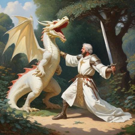 Arthur Webster Emerson, a knight with a sword in white robes fighting against a small classic dragon, pointillism oil painting