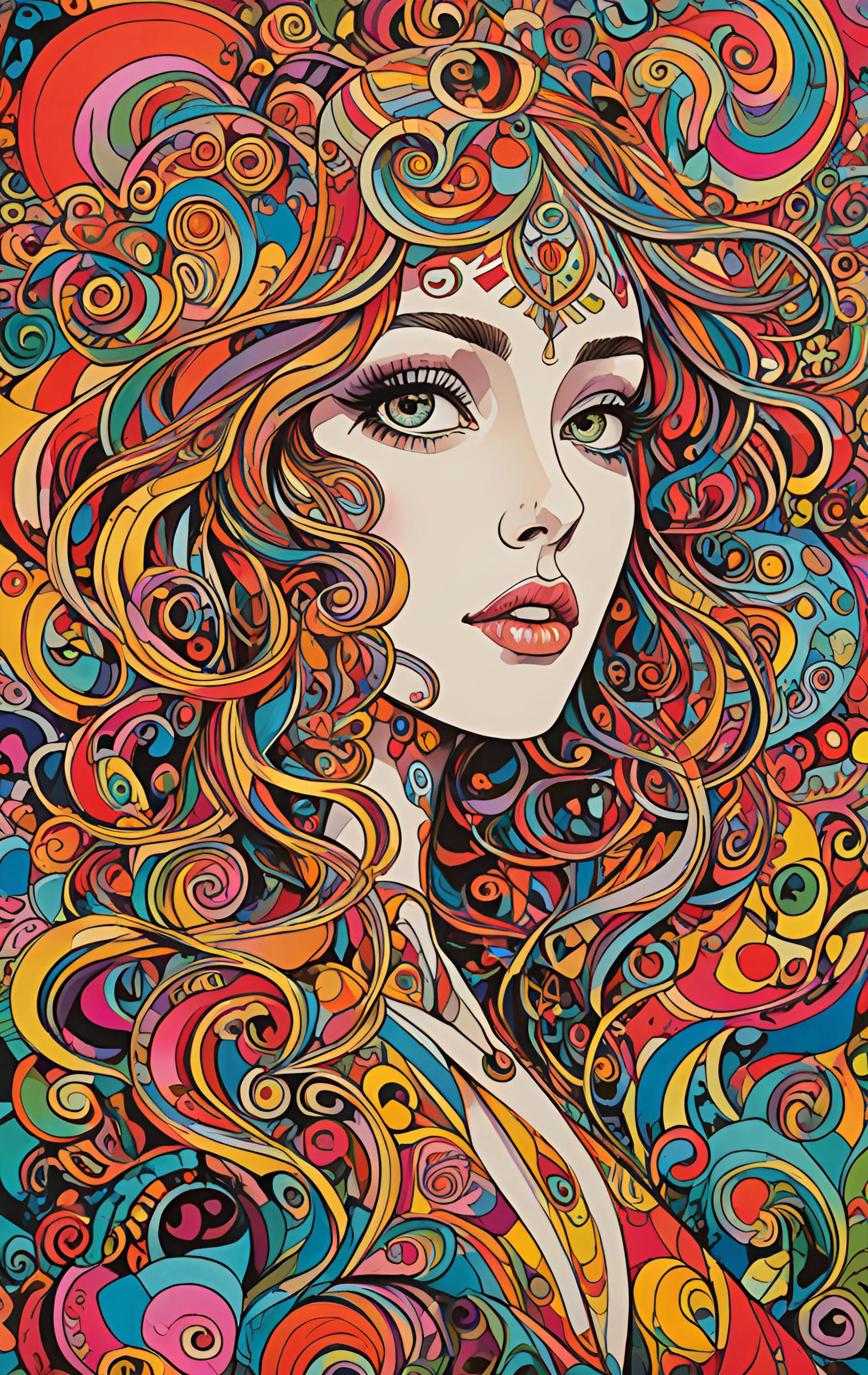 Vibrant and Colorful Artistic Illustration of a Woman with Long Hair and Green Eyes