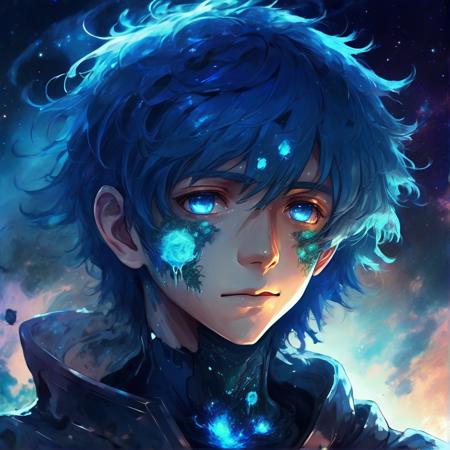 blue glowing hair, anime boy with moss And mold around him, detailed portrait, close up, space background behind him, dripping liquid metal leaf's around him, roses flourishing around him, close up of face