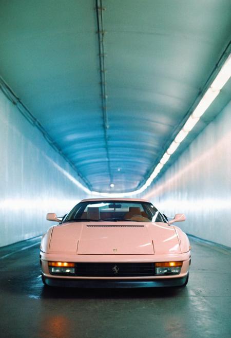 analog film photo (Sportscar gleaming pastel Ferrari Testarossa, symmetrical front view, bright headlights, indoors tunnel), white neon lights, (stylish, film grain:1.3) . faded film, desaturated, 35mm photo, grainy, vignette, vintage, Kodachrome, Lomography, stained, highly detailed, found footage
