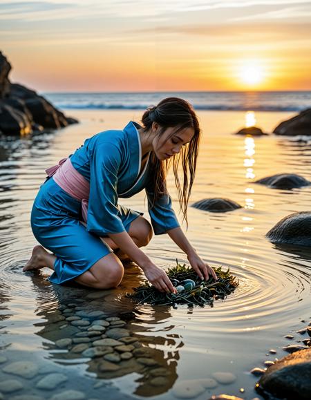 Realistic image of a beautiful woman, Asian woman, dark hair, <lora:Ai_Lotus:0.75>,,<lora:muromachi86:0.6>, Coastal dawn scene: a fisherwoman in indigo kasuri kimono kneels on rocky tide pools gathering shellfish, pastel-pink sky reflecting on wet stones, subtle rim light on braided hair, wide-angle 24 mm lens, hyper-real detail on water droplets and seaweed, HDR. ,photo Fantasy art combining the styles of Boris Vellejo and Luis Royo, Photorealistic, real photo, god rays, 1girl, 21yo,realistic, ,Sexy pose, erotic pose, exhibitionism, ,A bustling airport terminal with travelers and luggage carts
