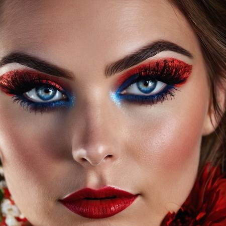 portrait. wide pointed eyebrows. almond-shaped eyes. make-up "fox eyes". red and blue pupils. Snub nose. thin beautiful lips. long fluffy eyelashes. a cheerful look with a squint. beautiful skin with a natural texture. side lighting. soft focus. flowers. lace. silk. velvet. inspired, brave clear crisp sharp focus, cinematic infinite detailed, stunning, gorgeous, intricate detail, professional still, full color, complex, cool background, light, strong ambient, highly coherent, symmetry