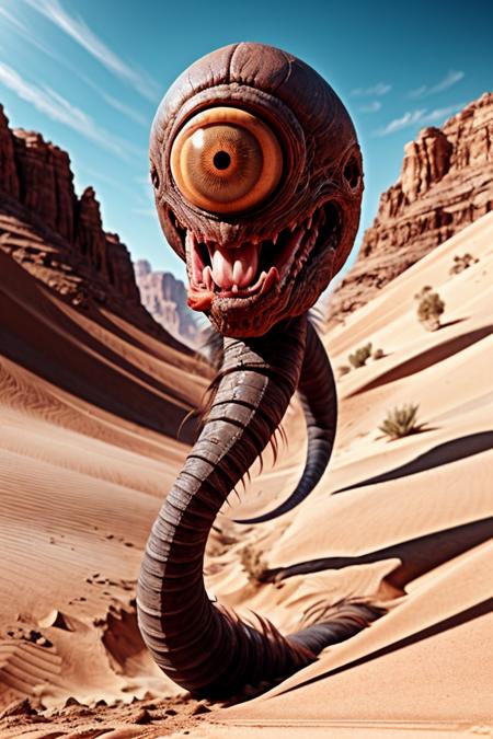 a single cyclops worm, worming through the desert, with huge mouth and fangs, cyclops <lora:Cyclops-sd15:1.2>