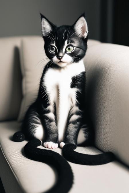 (archival preset) in a cosy room on a cosy white/beige sofa, a cute fluffy black kitten hybrid with 8 fluffy octopuss legs, happy cute, Shot on Eastmann 100t film, the image quality is grainy and high contrast, with shallow depth of field and cinematic look, epic and dramatic shot, very nostalgic.