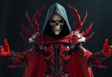 "A hyperdetailed 3D rendering of a mysterious and grimdark character, predominantly red with a black hood adorned with a skull, symbolizing danger and power. The character’s body is a complex assembly of mechanical parts, blending organic and synthetic elements, featuring a grid-like pattern for depth and complexity. The character’s arms are outstretched, with an intense gaze, creating a sense of anticipation and readiness. The dark Temple of the Mind’s Eye background accentuates the character, drawing focus. Rendered in Unreal Engine 5, with 8K resolution, lifelike details, sharp lines, and stunning, harmonious colors. The composition is impeccable, with captivating lighting, balanced editing, and a creative angle, trending on ArtStation, CGSociety, and ArtStationHQ. Inspired by the styles of Raphael, Houdini, and Grammer Effect, with vivid emotions and a powerful message. The character’s design showcases handcrafted precision and a sense of otherworldly menace, evoking a dark, high-stakes atmosphere. Grace Kelly’s colored pencil marks add a unique, intricate touch to the image, enhancing its visual appeal."