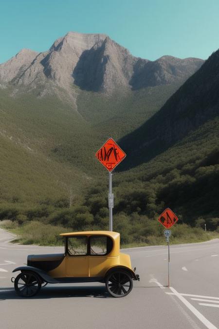 a ford model t and traffic signs in a mountainscape in the style of aya takano color style, exhausted, <lora:sdxl_lightning_8step_lora.safetensors:1.0>, <lora:add detail xl.safetensors:1.5>