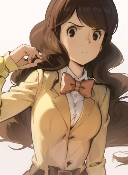 best quality, (masterpiece),(ultra-detailed), (high quality), (high resolution),  <lora:emmya-10:1>,1girl, black eyes, bow, bowtie, brown eyes, brown hair, clenched hand, closed mouth, emmy altava, frown, long hair, long sleeves, medium breasts,  school uniform, solo, white background, white shirt,yellow jacket,