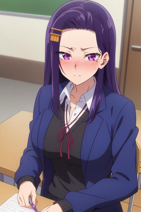  sayuri akino, purple_hair, long_hair, purple_eyes, hair_ornament, blush, hairclip, 1girl, solo, mole_under_eye, 