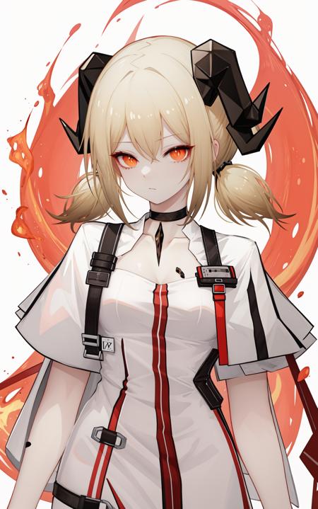 yifulite, ifrit \\(arknights\\), horns, blonde hair, orange eyes, choker, short hair, twintails, demon horns, black choker, dress, oripathy lesion \\(arknights\\)