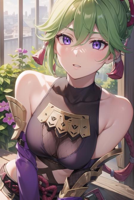 shinobu kuki, green hair, hair between eyes, ponytail, short hair, (purple eyes:1.1), armor, bare shoulders, black gloves, cropped jacket, fishnet top, fishnets, gloves, gold trim, hair ornament, jacket, leg armor, midriff, off shoulder, partially fingerless gloves, purple jacket, shirt, short shorts, shorts, shoulder armor, sleeveless, sleeveless shirt,