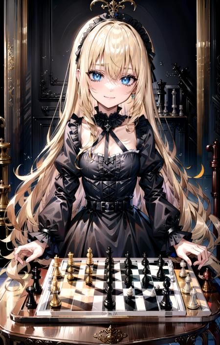 (masterpiece, top quality, best quality, official art, beautiful and aesthetic:1.2),(8k, best quality, masterpiece:1.2), (looking at the viewer, full body shot:1), 1girl, solo, Ani, (blonde hair, long hair, blonde colored hair, long flowing blonde hair, flowing hair, long flowing hair, bangs:1.2), (blue eyes, shining blue eyes:1.3), [smile, closed mouth:1.2], [no breasts, flat chest:1], (long sleeves, puffy sleeves, black gothic fashion, black gothic dress, black goth fashion clothes:1.3), (playing chess, chess board, chess pieces:1.4),  <lora:EmpressAniLora:.7>