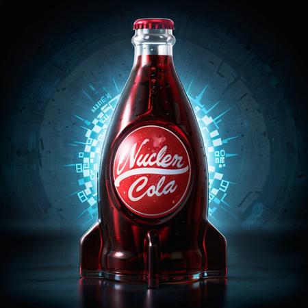 For a realistic depiction of 'Nuclear Cola', envision a sleek, futuristic soda bottle radiating a soft neon glow. The label is vivid, featuring a dynamic, atomic-themed logo with the words 'Nuclear Cola' in bold, energetic typography. The bottle appears chilled, with condensation beads glistening under a bright, modern light source, set against a high-tech backdrop that suggests advanced refrigeration technology. The scene should capture the essence of an innovative, high-energy beverage, blending the familiar with a hint of science fiction allure <lora:nukacolas:0.75>