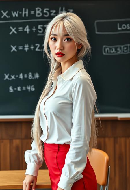 photorealistic eyes, realistic skin texture, 
detailed, hyper-detailed,  intricate details, detailed skin, blonde Chinese girl, 
 <lora:train_insta_dataset_lora_bsy_SDXLB_03:1> realistic, photorealistic, 1woman, solo, school teacher, sexy teacher, long hair, white blonde hair,  blonde_hair, bangs and low loose braid, medium perky breasts, medium_breasts,  looking_at_viewer, blue_eyes, shirt, red pencil skirt, long sleeves, full round lips:0.9, glossy red lipsticks:2.2, lips slightly parted, very_long_hair, standing in front of blackboard, (math equations on blackboard, equation is “x = BUZZ PLEASE”:1.5), collarbone, thighs, pantyhose, cowboy_shot:0.8, collared_shirt, indoors, miniskirt, dress_shirt, buttons, expressionless, chair, hair_over_shoulder, red_skirt, forehead, desk, sleeves_rolled_up, pleated_skirt, high-waist_skirt, contrapposto, shirt_tucked_in, arms_at_sides, nose, realistic, classroom, school_desk, shirt partially unbuttoned and open:1.2, chalkboard, bra_visible_through_clothes, school, sleeves_pushed_up, asian, photorealistic