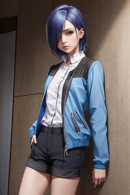 kirishima touka, blue hair, hair over one eye, blue eyes red eyes, colored sclera, black sclera, wings, red wings white shirt, necktie, sleeves rolled up, black vest, brown skirt, pantyhose blue jacket, long sleeves, shorts green hoodie, shorts, red thighhighs