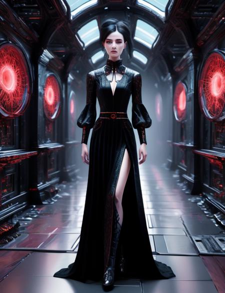 ((best quality)), ((masterpiece)), ((realistic,digital art)), (hyper detailed), F0rg0tt3nSynth full body clothing, Plunging Neckline, Nano-linked Membrane, Slit & Interlock,  Three-Quarter Sleeves, Floor-Length, Empire Waist, Flared Skirt,  Train,  , octane rendering, raytracing, volumetric lighting, Backlit,Rim Lighting, 8K, HDR,   <lora:F0rg0tt3nSynth-000011:1>