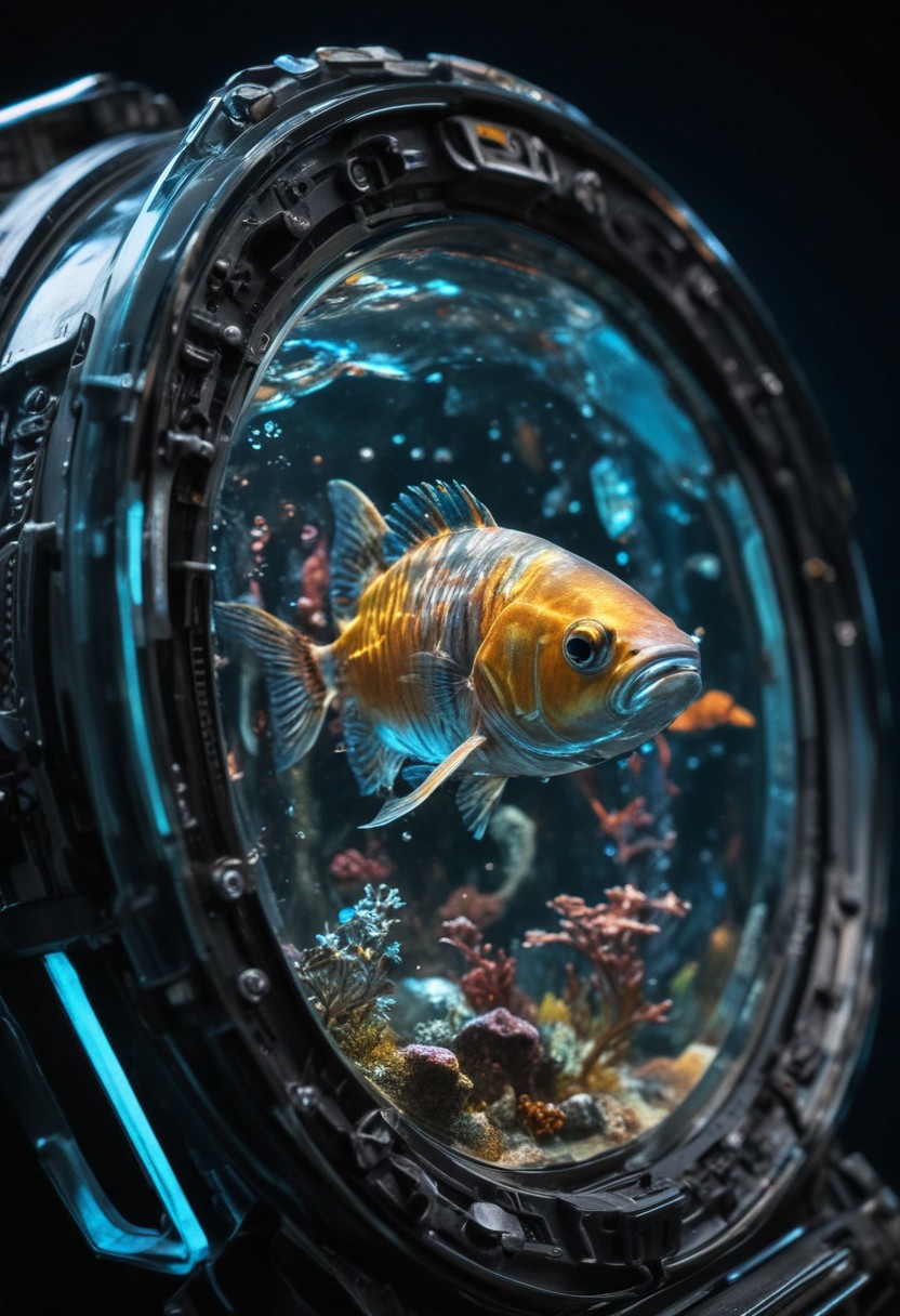 the golden bottom of the aquarium smoothly turns into glass walls.the aquarium fits well into the environment of the cockpit and the fighter. close-up. The contents of the aquarium sparkle and shimmer, leaving iridescent highlights on the instrument panel.  The controls and indicators are visible in the aquarium. inspired, brave clear crisp sharp focus, cinematic infinite detailed, stunning, gorgeous, intricate detail, professional still, full color, complex, cool background, light, strong ambient, highly coherent, symmetry