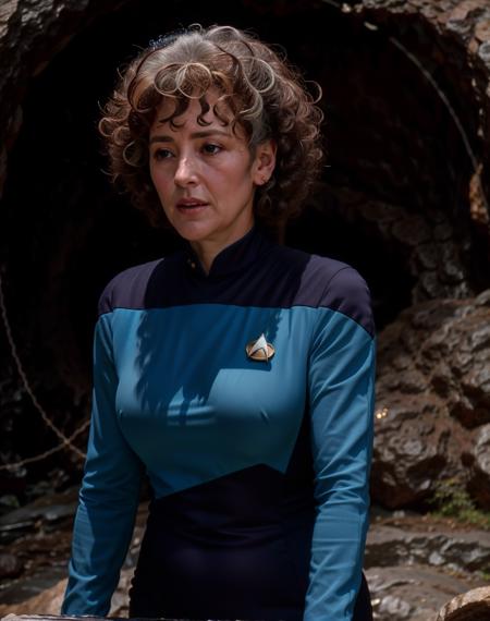 older woman with curly hair in a blue s3sttngsuit uniform, in a cave, 8k uhd, dslr, soft lighting, high quality, film grain,masterpiece quality,Fujifilm XT3<lora:TNGV2:0.7>