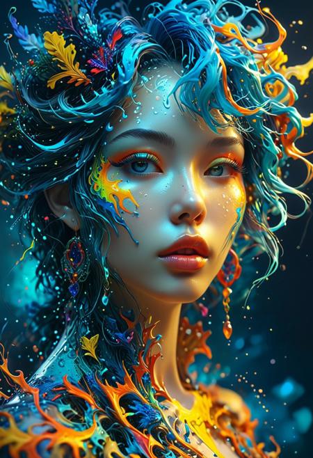 Most extravagant Rococo. Astral Escape! This captivating splash art features a Vietnamese character with vibrant, colorful hair, inspired by StarCraft and exhibiting an epic, ArtStation-worthy style. The artwork showcases a splash of colorful paint, contour lines, and hyper-detailed, intricately designed elements, creating a fantastical and unreal world. The design is intended for a 16k resolution, serving as a DeviantArt masterpiece that combines elements of oil painting, watercolor, and thick strokes with paint dripping.
The composition features neon ambiance, muted colors, and a watercolor-style atmospheric quality. The subject's face is depicted with sharp features and striking eyes, complemented by perfect, full lips. The female form is supple and vivid, while dynamic studio lighting and a tilt-shift camera create a cinematic, Film light effect. The artwork is hyper-realistic and highly detailed, with sharp focus and a perfect composition.
Inspired by the works of Glenn Brown, Carne Griffiths, Alex Ross, Artgerm, and James Jean, this masterpiece incorporates elements of wlop, rim lighting, magic, surrealism, and ultra-realism. The spotlight highlights the character, further emphasizing the intricate details and immersing the viewer into this fantastical world.