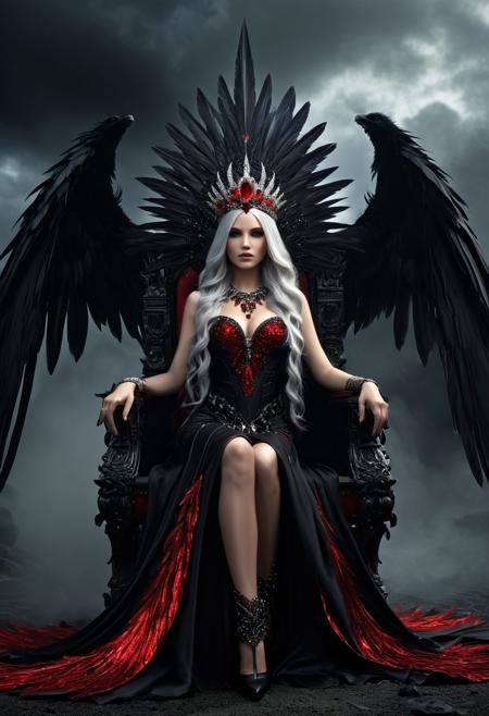 A dark fantasy digital artwork depicts a female figure seated on a 
dark throne with intricate metallic designs resembling dragon scales. The central character has long 
gray hair cascading dramatically around her. She wears an elaborate dress adorned with shiny red crystals and intricate metallic designs, 
dark feathered wings spread symmetrically behind her, 
decorated with bright red crystals and metallic elements. Each wing is composed of countless black feathers. 
The woman's head is crowned with a radiant halo of intense red crystals, 
forming a striking headdress that extends upwards. Her body is adorned with matching jewelry, 
including a prominent red crystal anklet on her left foot. The throne itself features two large skulls positioned on its armrests,
each held by one of the character's hands. The background is swirling clouds and embers, 
enhancing the eerie atmosphere. Around the throne are many scattered human skulls, drowned in darkness, 
rocky terrain, 
adding to the sinister ambiance. The scene takes place in a foggy context, 
smoky backdrop, 
contributing to the mystical yet eerie feeling. Dramatic lighting highlights the central figure while casting deep shadows. highly saturated visual effect that emphasizes the surreal and gothic aesthetic.