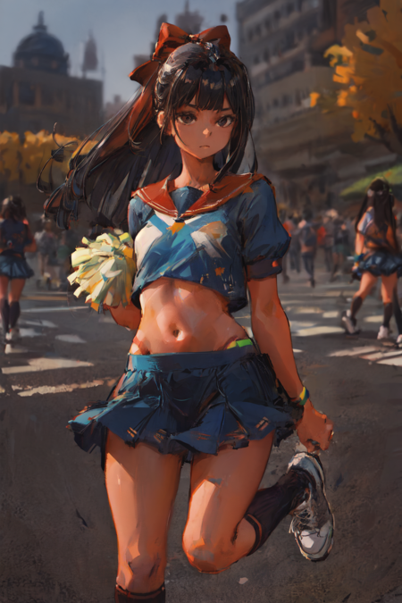 masterpiece, best quality, extremely detailed, detailed face, BREAK black hair, skirt, multiple girls, solo focus, long hair, thighhighs, bow, cheerleader, shoes, sneakers, ball, outdoors, socks, kneehighs, hair bow, midriff, 1girl, blue skirt, red bow, crop top, over-kneehighs, blurry, blurry background