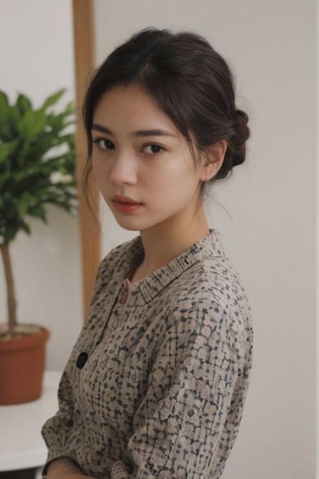 one pretty european girl, (.5 filipina) solo, brown hair, (half updo), blue eyes, lips, collarbone, big tits, cleavage, drooping bulbous breasts, necklace, jewelry, orange patterned dress, sundress, looking at viewer, indoor, bokeh, upper body, film grain, cowboy shot, epiCPhoto, <lora:pytorch_lora_weights:0.5>, <lora:breastsizeslideroffset:0.2>, <lora:picxer_real:0.7>, <lora:InstantPhotoX3:0.4>, <lora:more_details:0.6>, identical eyes, identical iris, identical roundpupils, sharp focus, 8k, photography, highresolution, highres, highly detailed dynamic lighting, photorealistic, 8k, raw, rich, intricate details,
