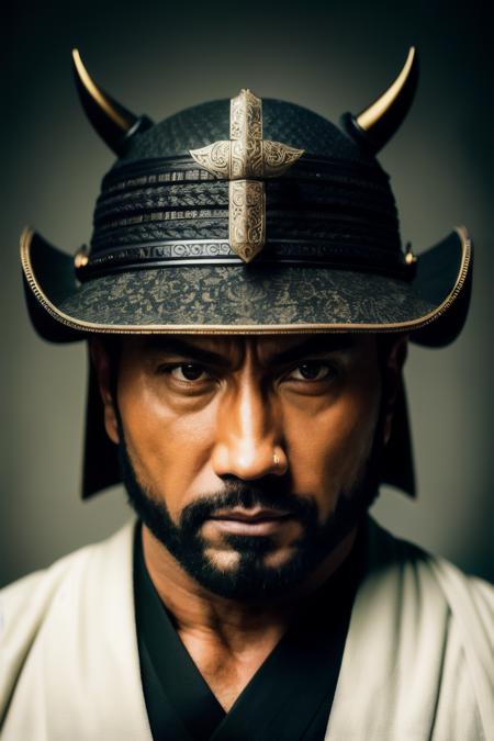 cowboy shot, bta man as samurai, helmet with horns, holding a sword, samurai armor, angry, rage, Photorealistic, Hyperrealistic, Hyperdetailed, analog style, hip cocked, demure, low cut, black lace, detailed skin, matte skin, soft lighting, subsurface scattering, realistic, heavy shadow, masterpiece, best quality, ultra realistic, 8k, golden ratio, Intricate, High Detail, film photography, soft focus,<lyco:Bautista-RealVision-V1.0:1.0>