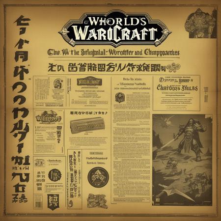 A photorealistic image of an aged, yellowed newspaper laid flat on a wooden table or other vintage surface. The newspaper should feature a prominent advertisement for World of Warcraft, capturing the essence of the game's fantasy world. The ad could include iconic characters, landscapes, or elements like swords and shields. The text in the advertisement should be legible and might include phrases like 'Join the Adventure' or 'Enter Azeroth Now.' The newspaper should also contain other articles and headlines, but the World of Warcraft ad should be the focal point. The lighting should be soft and natural, highlighting the details of the newspaper and the ad. The overall setting should evoke a sense of nostalgia and intrigue, <lora:oldjpnews:0.6>