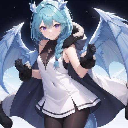 (masterpiece, best quality:1.2),illustration,8k,hd,1girl,solo,cowboy shot,fur trim,tail,dragon tail,horns,purple eyes,dragon girl,dragon horns,wings,gloves,pantyhose,white dress,dress,looking at viewer,dragon wings,coat,braid,blue hair,black gloves,hooded coat,boots,hood down,smile,ice,long hair,bangs,sleeveless,single braid,fur-trimmed coat,open coat,blue wings,fur-trimmed hood,hood,bare shoulders,black pantyhose,hair over shoulder,fur-trimmed boots,<lora:Shefi(pri)>,