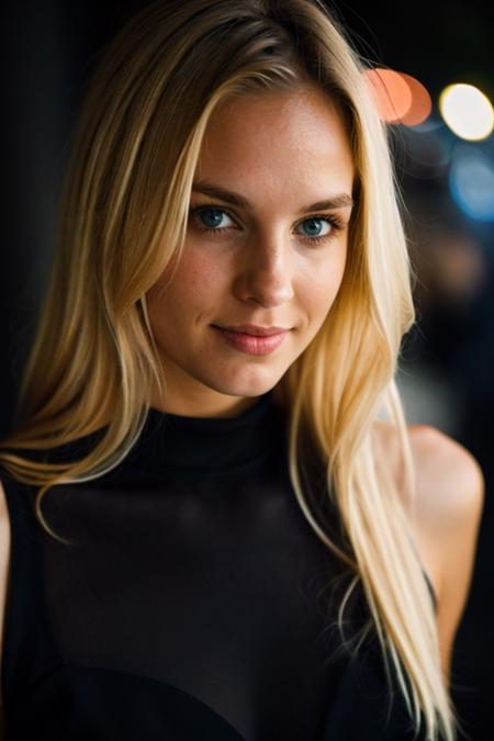 super cute blond woman in a dark theme