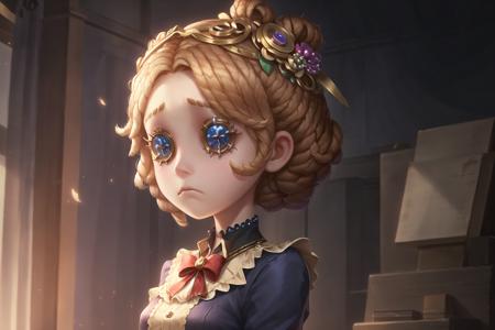 masterpiece, best quality, identity v, button eyes, detailed, 8K, 1girl, sad, upper body, day,